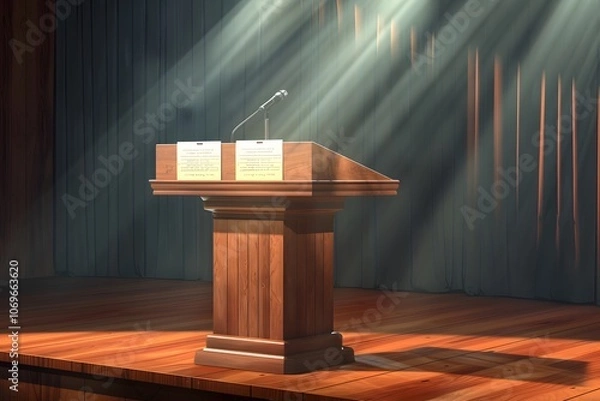 Fototapeta Wooden podium with attached microphone set on stage, perfect for speeches and presentations in a formal event setting.