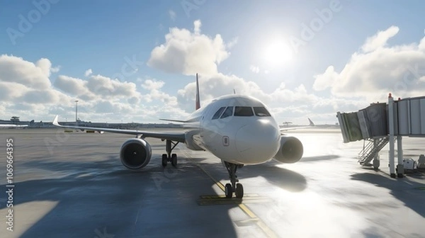 Fototapeta Airplane waits at the gate under a clear sky