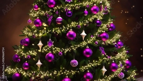 Fototapeta A majestic Christmas tree adorned with vibrant purple ornaments, garlands, and festive bows, shining brightly amidst a warm ambiance, its branches twinkling with hundreds of soft, dreamy fairy lights 