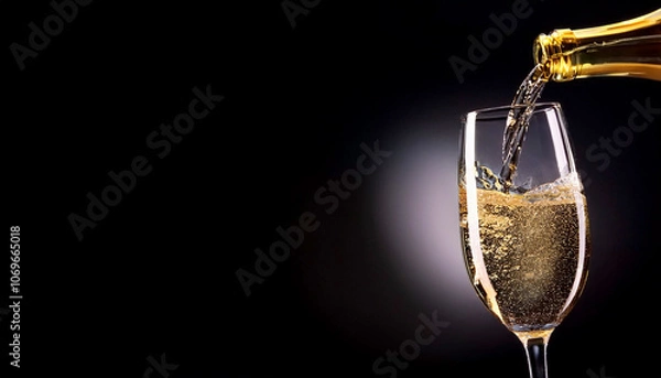 Obraz シャンパン グラス 泡 スパークリングワイン 乾杯 高級感 パーティー 祝賀 シルエット ゴールド 高揚感 フィズ 透明感 芸術的 光沢 液体 エレガンス 黒背景 豪華 輝き