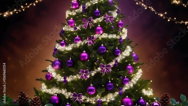 Fototapeta A majestic Christmas tree adorned with vibrant purple ornaments, garlands, and festive bows, shining brightly amidst a warm ambiance, its branches twinkling with hundreds of soft, dreamy fairy lights 
