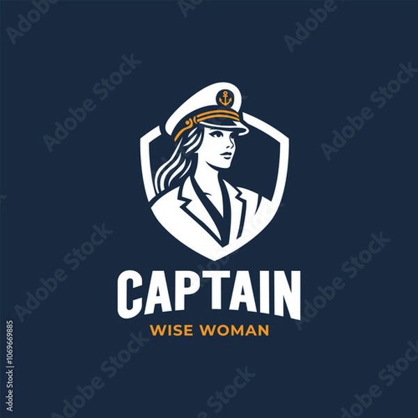 Fototapeta A bold and empowering logo featuring a female captain in a naval-style hat, surrounded by a shield emblem. Captain Navigation emphasizing strength, leadership, and wisdom.