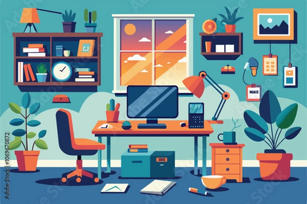 Fototapeta Modern Home Office With Desk, Computer, and Sunset View