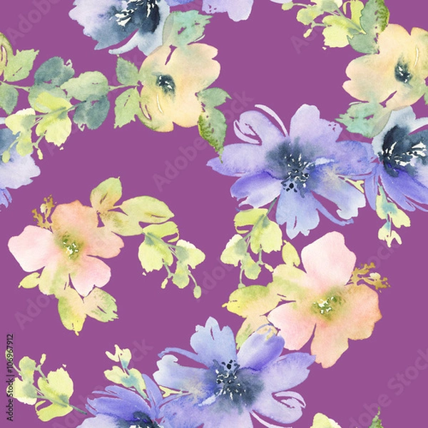 Fototapeta Seamless pattern with flowers watercolor