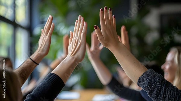 Fototapeta Diverse Team Raising Hands in Collaborative Office Meeting for Engaging Discussion and Innovation