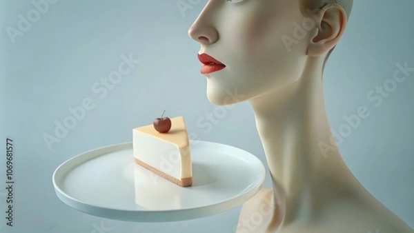 Fototapeta A Woman with Red Lips Gazes at a Slice of Cheesecake with a Cherry on Top