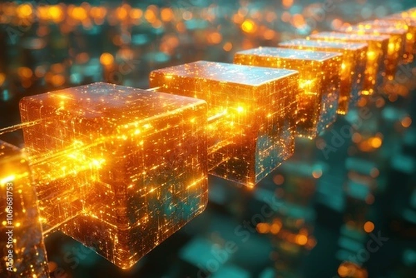 Obraz Glowing Cubes Linked in a Row with a Blurry Background