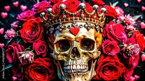 Fototapeta A Skull Wearing a Crown and Surrounded by Roses