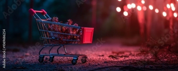 Obraz A shopping cart filled with colorful lights sits on a path, illuminated by glowing orbs in a dimly lit setting, creating a whimsical, festive atmosphere.
