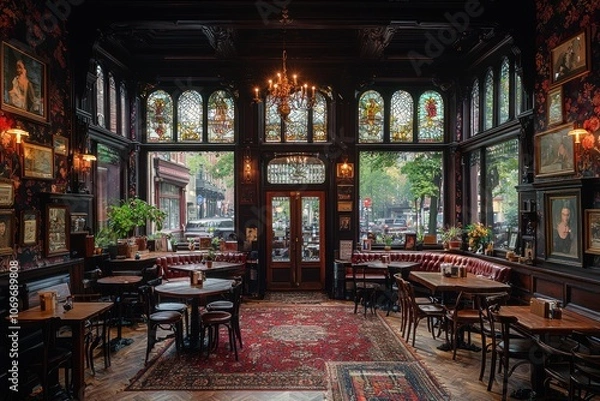 Obraz Interior of a Pub with Stained Glass Windows and Wooden Tables