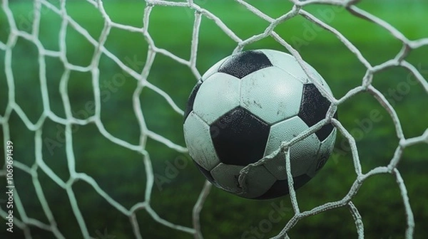 Fototapeta A Soccer Ball Hits the Back of the Net During a Match Under Bright Stadium Lights on a Well-Maintained Field in the Evening Hours