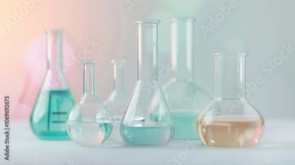 Fototapeta Various glass laboratory equipment containing liquids in vibrant colors is neatly displayed on a white surface, ready for use in experiments