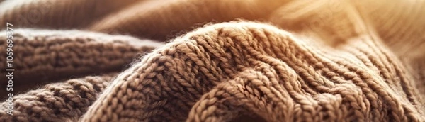 Fototapeta Close-up of a Soft, Brown Knit Fabric with Warm Lighting