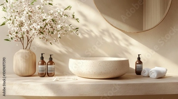 Obraz Minimalist Bathroom Countertop with White Flowers, Round Sink, and Towels