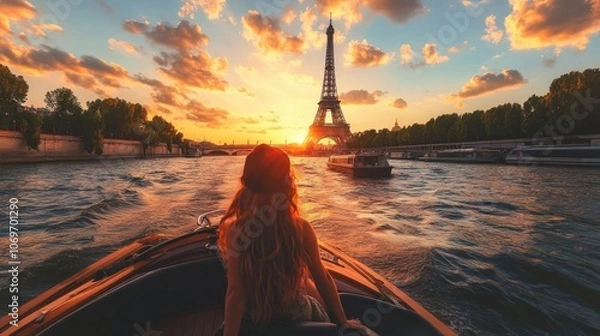 Fototapeta A woman enjoys a sunset boat ride on the Seine, with the Eiffel Tower in the background.