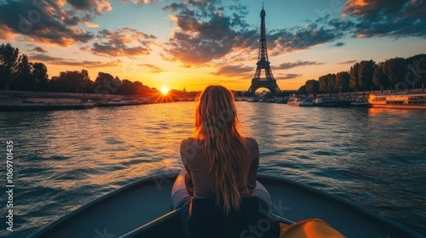 Fototapeta A serene sunset view of the Eiffel Tower from a boat, capturing a moment of leisure and beauty.