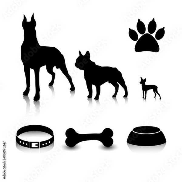 Fototapeta Vector set of dogs silhouettes  of different sizes and subjects. Feeder, bone, collar and a trace of foot.