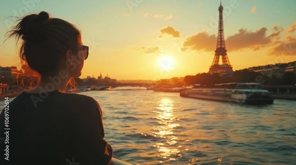 Fototapeta A silhouette of a person gazing at the sunset over the Seine, with the Eiffel Tower in view.