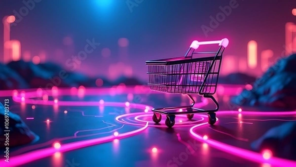 Fototapeta Shopping cart on a digital landscape with neon lights, symbolizing futuristic online shopping and e-commerce in a tech-driven world. Ideal for illustrating modern digital retail trends.