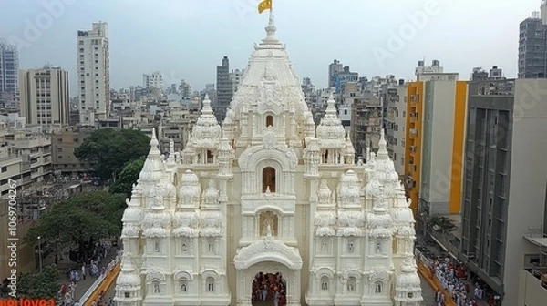 Fototapeta A serene morning view of the Shree Siddhivinayak Temple in Mumbai, capturing its intricate architecture and vibrant atmosphere filled with devotees