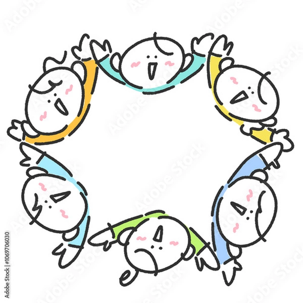 Obraz 笑顔で上を見上げて輪になる人々　手描きイラスト