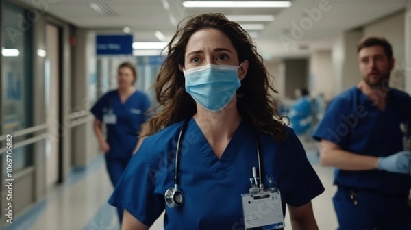 Fototapeta Healthcare Workers Rush Through a Busy Hospital Corridor While Wearing Scrubs and Masks During a Critical Shift in Patient Care