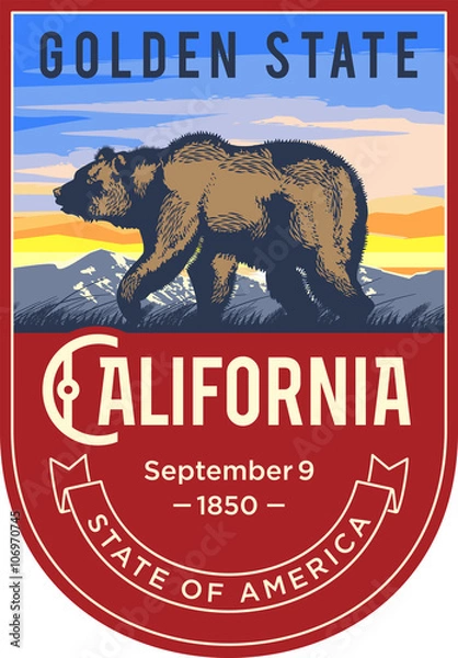 Obraz Калифорния эмблема штата США, медведь на восходе на красном фоне