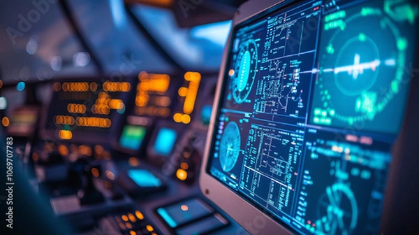 Fototapeta A flight control center with monitors displaying flight data, photographed in high detail to highlight aviation technology