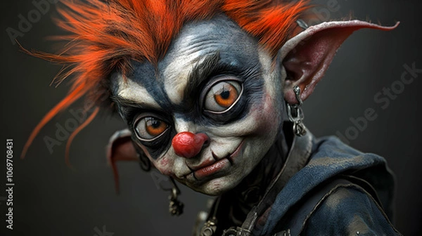 Fototapeta A 3D Render of a Goblin with Red Hair and a Clown Nose, Looking Up and to the Right