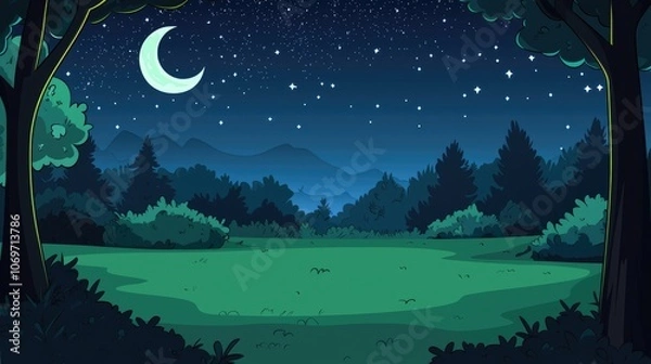 Obraz A Nighttime Forest Scene with a Crescent Moon and Stars