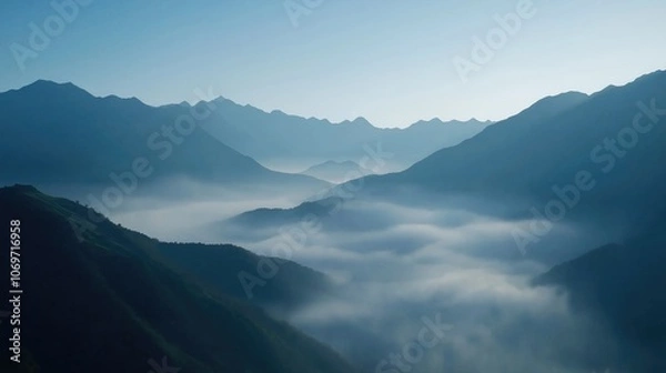 Obraz Majestic Mountain Panorama with Misty Clouds at Dawn - A Serene Aerial View