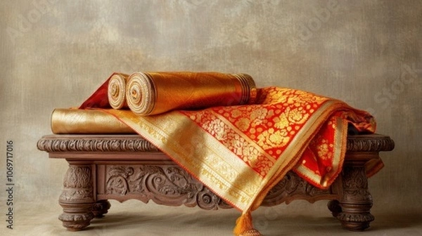 Fototapeta A traditional gold and red Banarasi sari, artfully arranged on a simple wooden stand, creating a stunning visual against a plain beige backdrop
