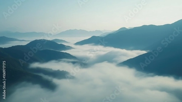 Obraz IMajestic Mountain Panorama with Misty Clouds at Dawn - A Serene Aerial View
