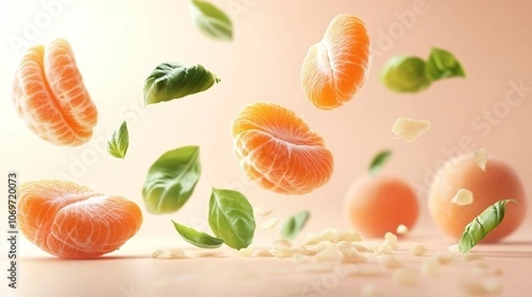 Obraz Floating Mandarin Orange Segments with Basil Leaves and Peel