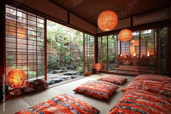 Obraz Japanese-Style Room with Cushions and Garden View