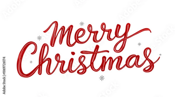 Fototapeta Elegant Red Merry Christmas Script with Sparkling Snowflakes isolated on transparent white background, png