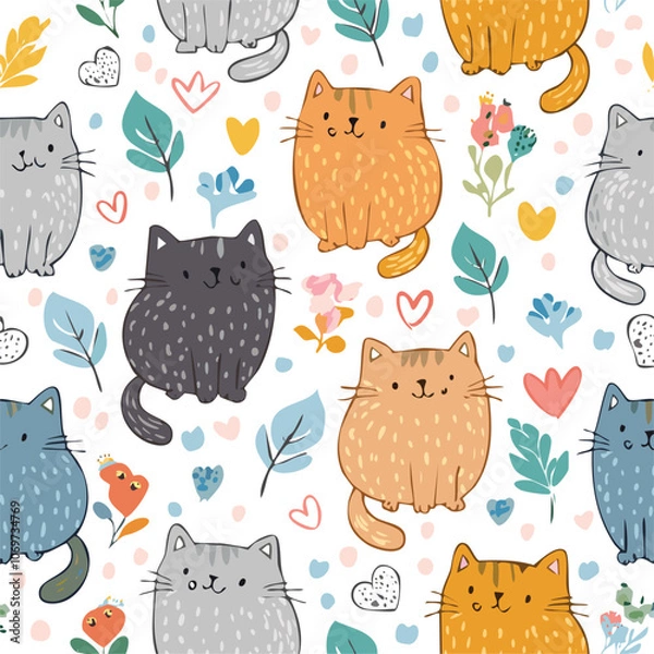 Fototapeta Cute cat hand drawn seamless pattern