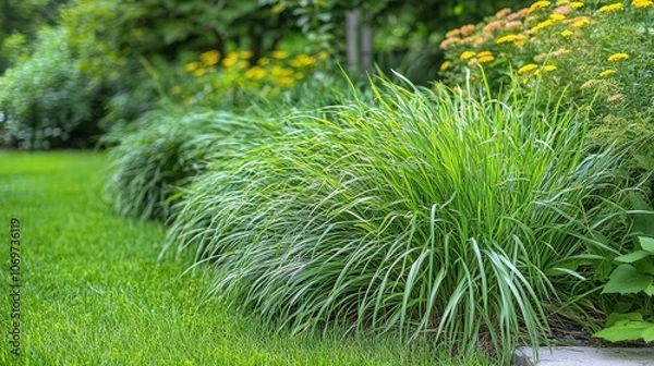 Fototapeta Overgrown weeds in the backyard Crab Grass Weed in the Lawn