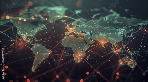 Fototapeta Global Trade: A complex network of interconnected transportation, logistics, and shipping.  A 3D illustration of the world map with a futuristic, digital aesthetic.