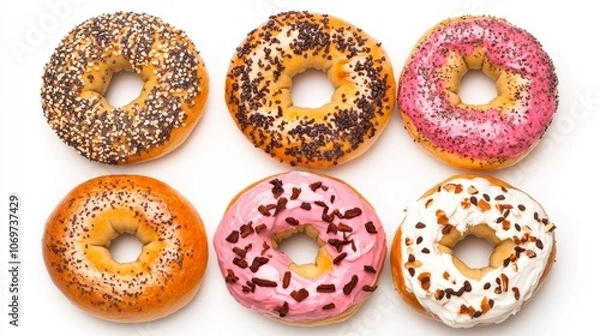 Fototapeta Set with delicious bagels with cream cheese on white background top view