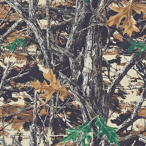 Fototapeta Oak Tree Bark Oak Leaves Hunting Camo Pattern, Seamless Camouflage Foliage Texture