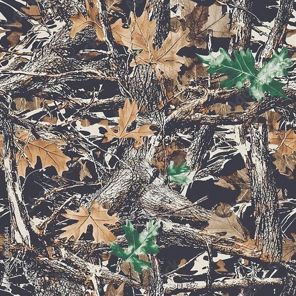 Fototapeta Oak Tree Bark Oak Leaves Hunting Camo Pattern, Seamless Camouflage Foliage Texture
