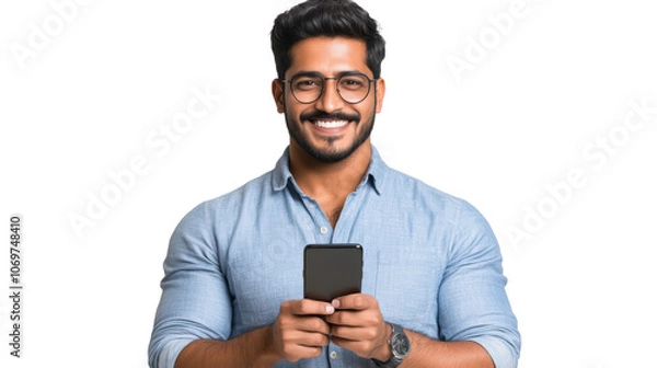 Fototapeta A smiling man with glasses and a beard holds a smartphone while standing against a plain background. He is wearing a light blue shirt.