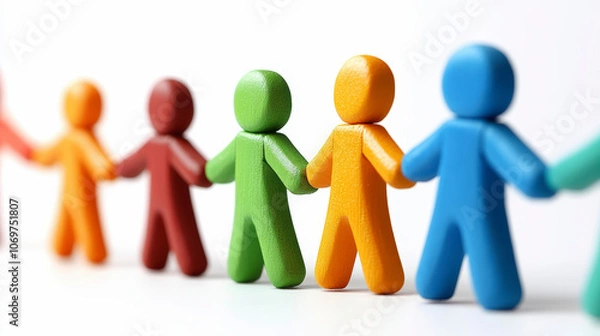 Obraz Colorful clay figures holding hands in a line, symbolizing unity, diversity, and teamwork against a plain white background.