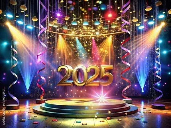 Fototapeta Glittering Stage with 2025 New Year Banner - 3D Illustration of Festive Party Elements Featuring Shimmering Numbers and Colorful Ribbon Streamers for a Memorable Celebration