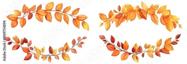 Fototapeta Autumn leaves border garlands set, isolated on transparent background, png elements collection. Colorful orange and yellow fall leaves
