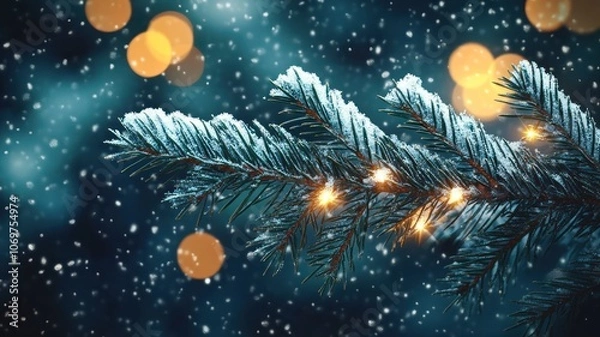 Fototapeta A christmas tree decorated with lights in a snowy. Merry Christmas and New Year Background