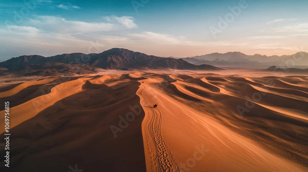 Fototapeta A desert landscape with a person walking in the sand