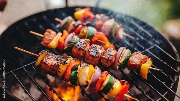Fototapeta Closeup of Grilled Meat and Vegetables on Skewers