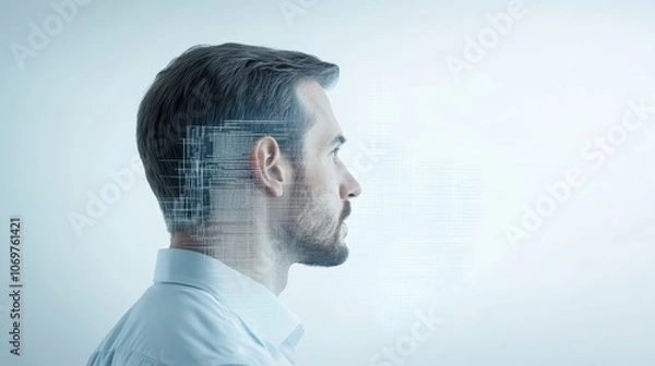 Fototapeta Cybernetic Man: A side profile portrait of a man with a translucent, digitized overlay of binary code superimposed on his head, suggesting a fusion of technology and human intellect.